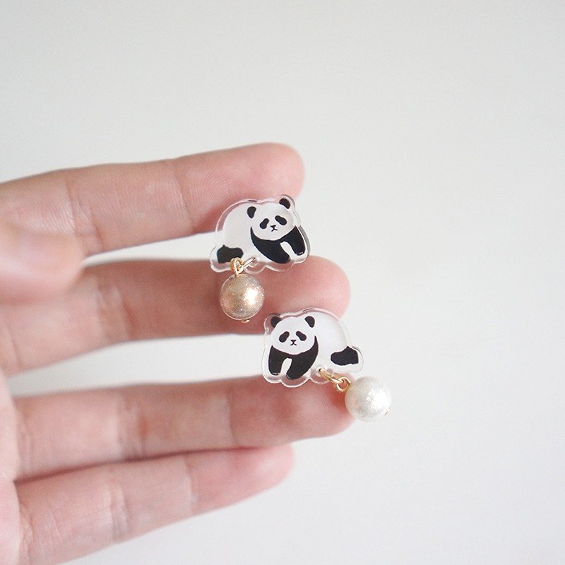 |独角森林| 熊猫和他的珍珠 一对 耳钉|耳夹 - 耳環/耳夾 - 壓克力 