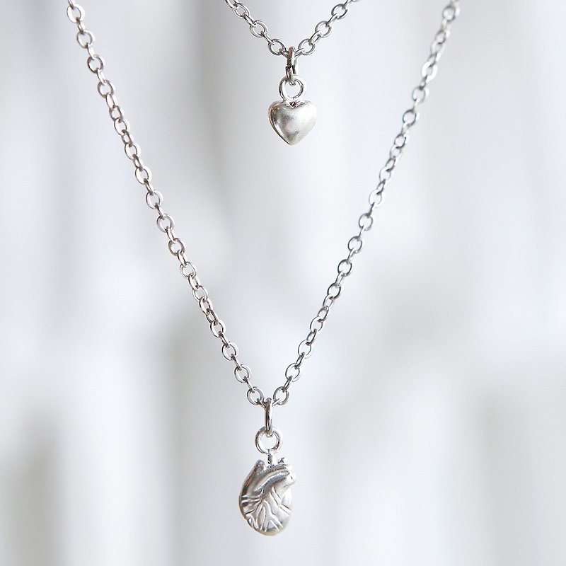 Sterling Silver Anatomical Heart & Heart Shaped Pendants, Sterling Silver Heart Pendant, Heart Layered Necklace - สร้อยคอ - โลหะ สีเงิน
