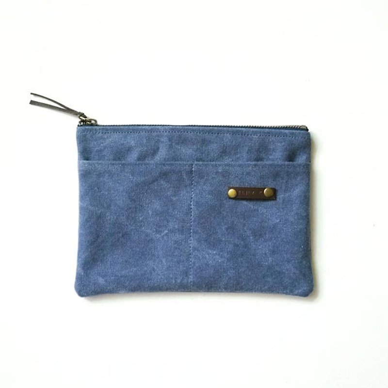 Exclusive order-leather custom knocked word washed canvas handmade bag travel bag stationery bag - Pencil Cases - Cotton & Hemp Blue