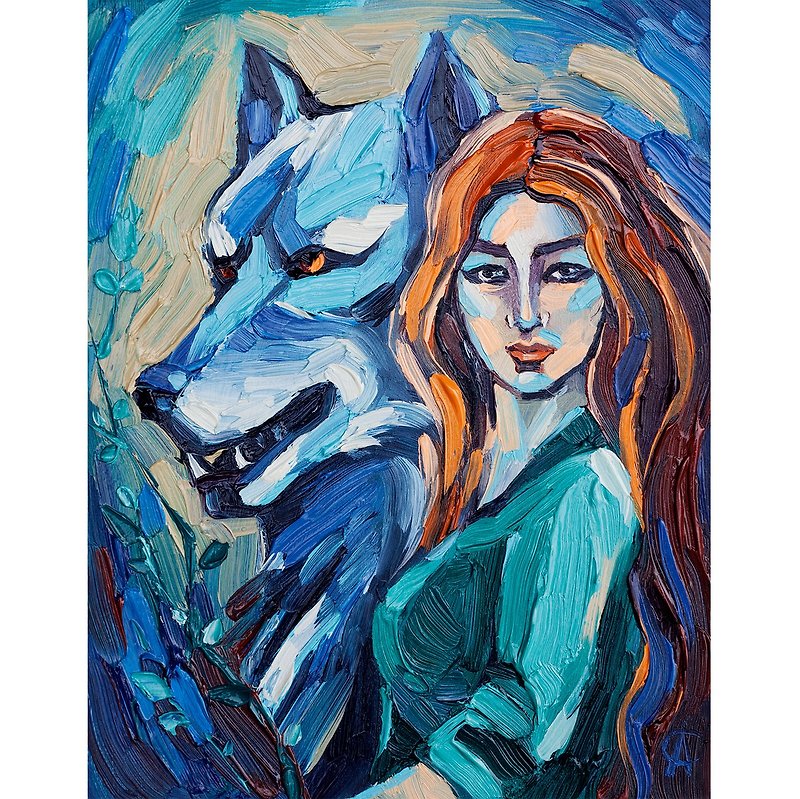 Girl and Wolf Painting Animal Original Art Small Artwork Handmade Wall Art - โปสเตอร์ - วัสดุอื่นๆ สีน้ำเงิน