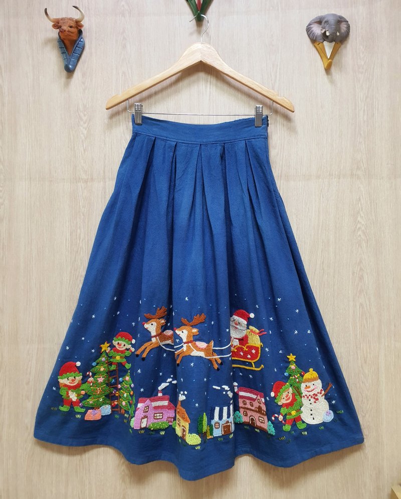 手工刺繡裙子、棉花、聖誕老人、聖誕節、聖誕節、小精靈、 2 面 - 裙子/長裙 - 繡線 藍色