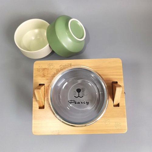 日日印 【Pet Shop系列】訂製寵物竹木架餐桌碗 玻璃寵物碗