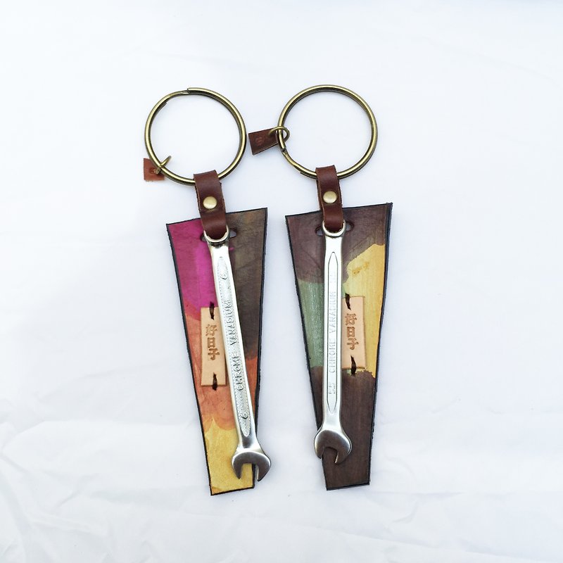 A pair of wrench | leather keychains - Good day - Fuchsia / Olive green color - Keychains - Genuine Leather Yellow