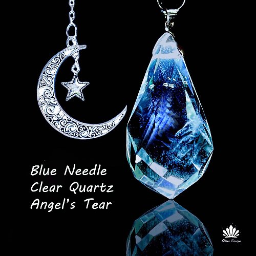 OLINA DESIGN歐林娜設計 天然 藍針白水晶 藍針茶晶 靈擺 項鍊 吊墜 天使羽毛 藍針水晶