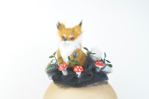 Elle Santos Headpiece Cute Fox, Bright Red Mushrooms & Black Veil Woodland Fairy Kawaii