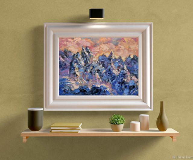 山の絵風景ロッキー山脈アートワーク雪に覆われた峰绘画与山油畫