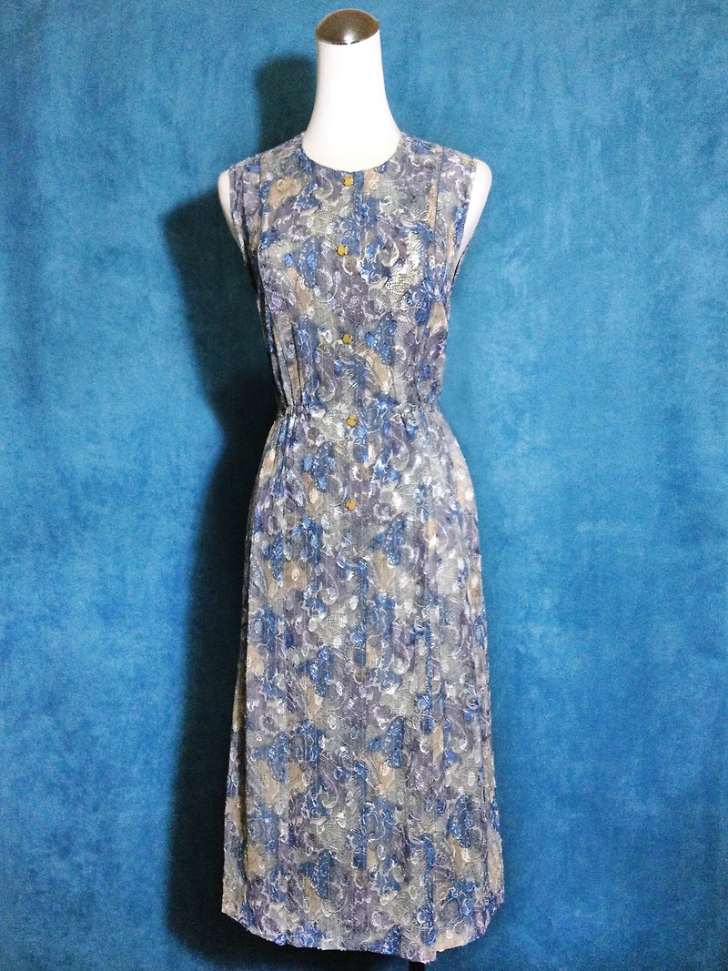 Time ancient [antique dress / elegant blue weave sleeveless antique dress] foreign back to ancient dress VINTAGE - ชุดเดรส - เส้นใยสังเคราะห์ สีน้ำเงิน