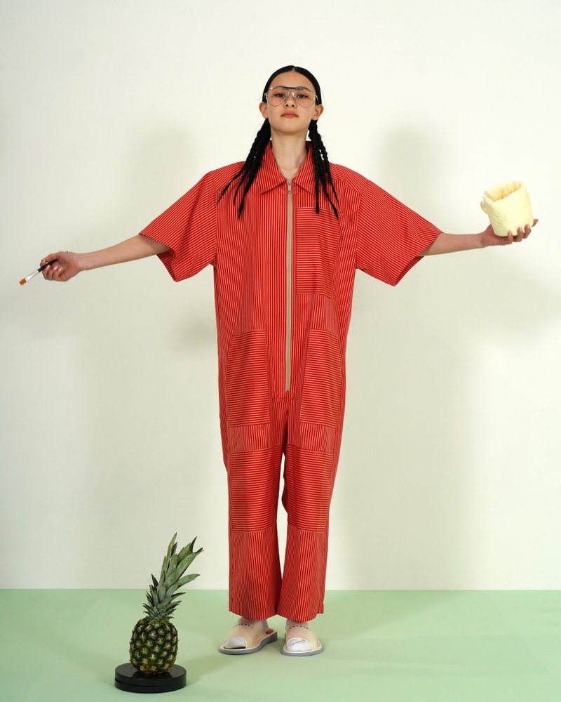 PANELED JUMPSUIT　パネル ジャンプスーツ - 吊帶褲/連身褲 - 棉．麻 紅色