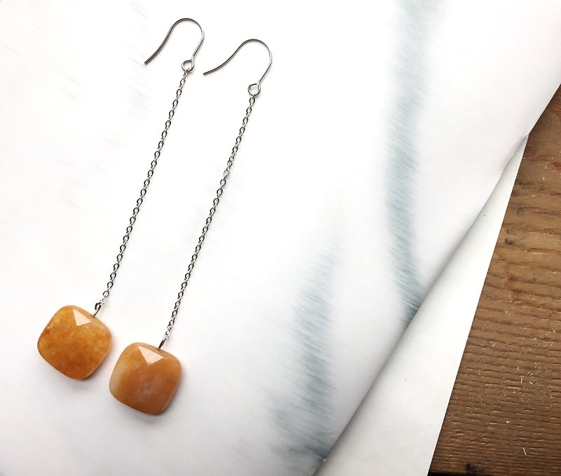 szu-works | natural stone hanging long ear hook - Earrings & Clip-ons - Gemstone Orange