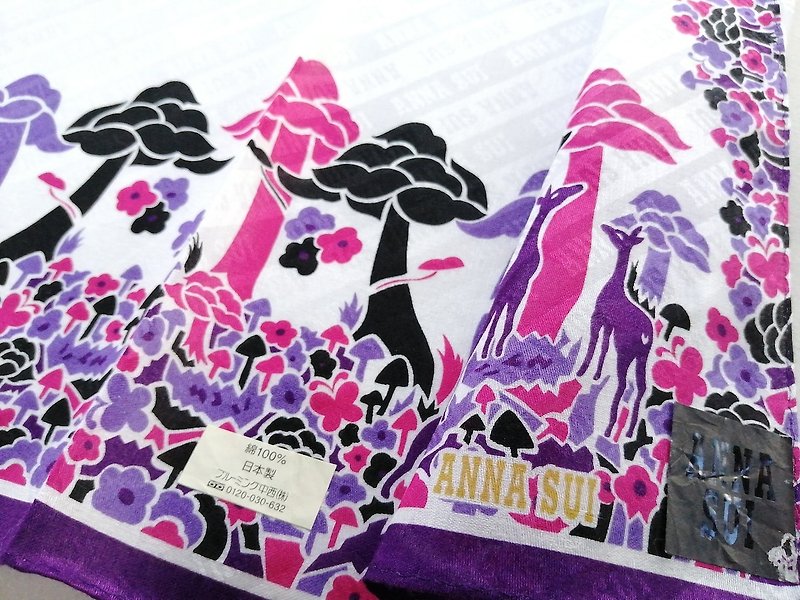 Anna Sui Vintage Handkerchief Deer in the Forest 20 x 20 inches - 絲巾 - 棉．麻 紫色