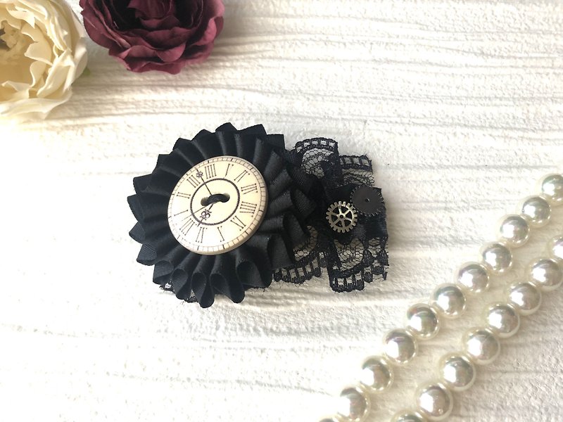 ロゼット　バレッタ　リボン　時計　ブラック　レース - 髮飾 - 聚酯纖維 黑色