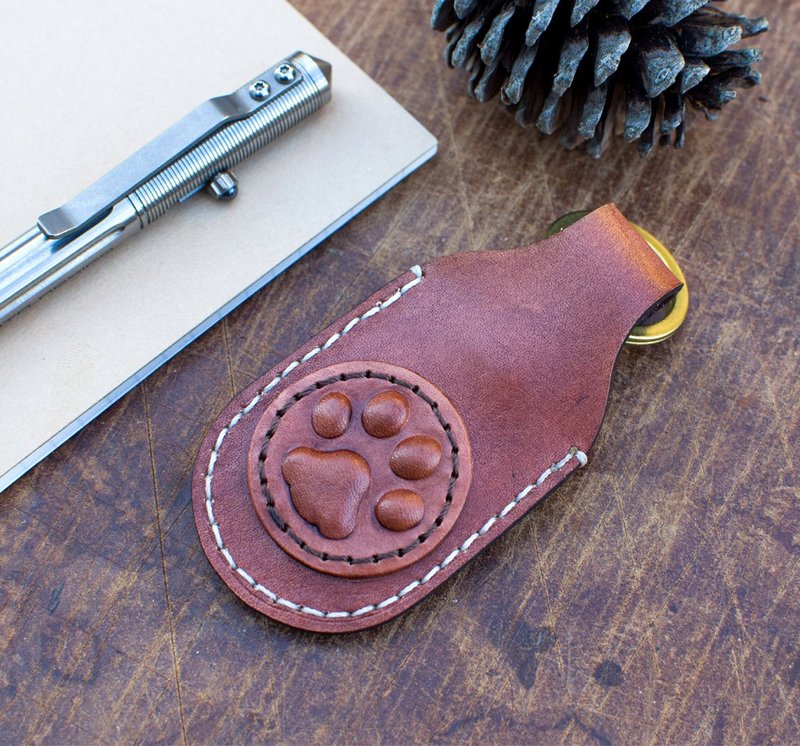 【手工製】雙色貓掌磁扣收納套/感應扣套/古銅鑰匙圈 - 鎖匙扣/鎖匙包 - 真皮 橘色