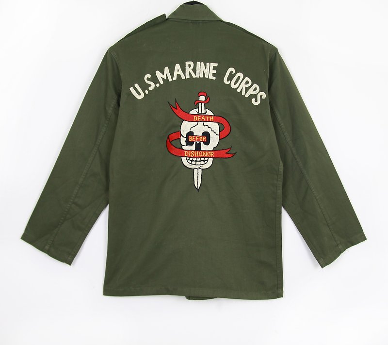 Back to Green :: Military Embroidered Shirt Jacket Skirt Skulls // Men and Women Wearable // vintage (J-06) - เสื้อโค้ทผู้ชาย - ผ้าฝ้าย/ผ้าลินิน 