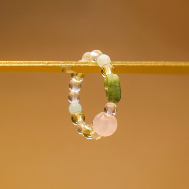 [Romantic Poet] Pink Quartz × Xiu Jade × White Quartz × Citrine × Stone × Green Ghost L Ring - General Rings - Jade 