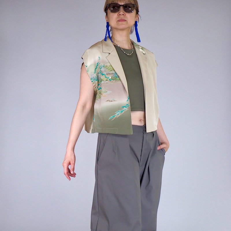 【日本製】 法式袖短上衣、吉祥圖案、絲綢和服翻版 - 女大衣/外套 - 絲．絹 