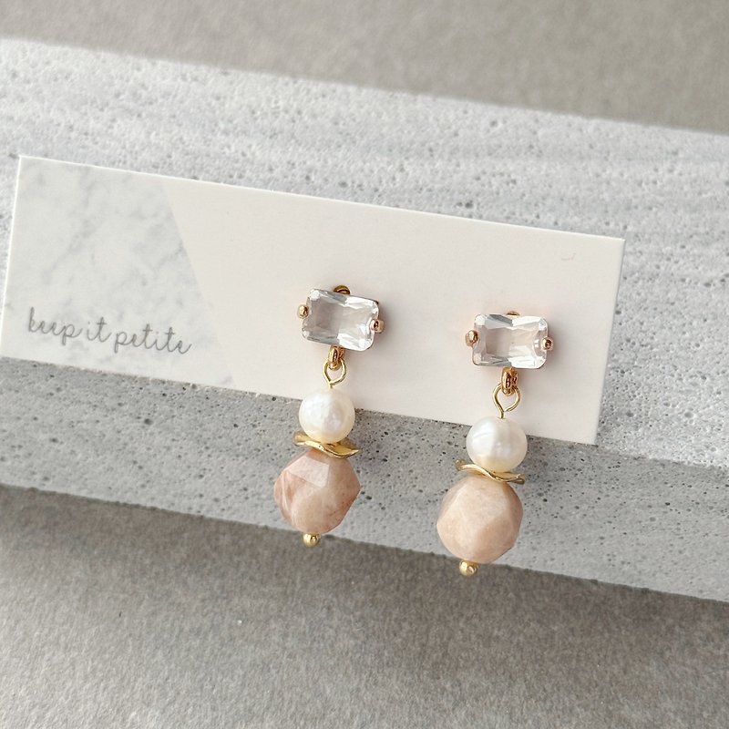 天然珍珠 切面橙月光石 粉色系耳環 姊妹 生日禮物 - 耳環/耳夾 - 銅/黃銅 橘色