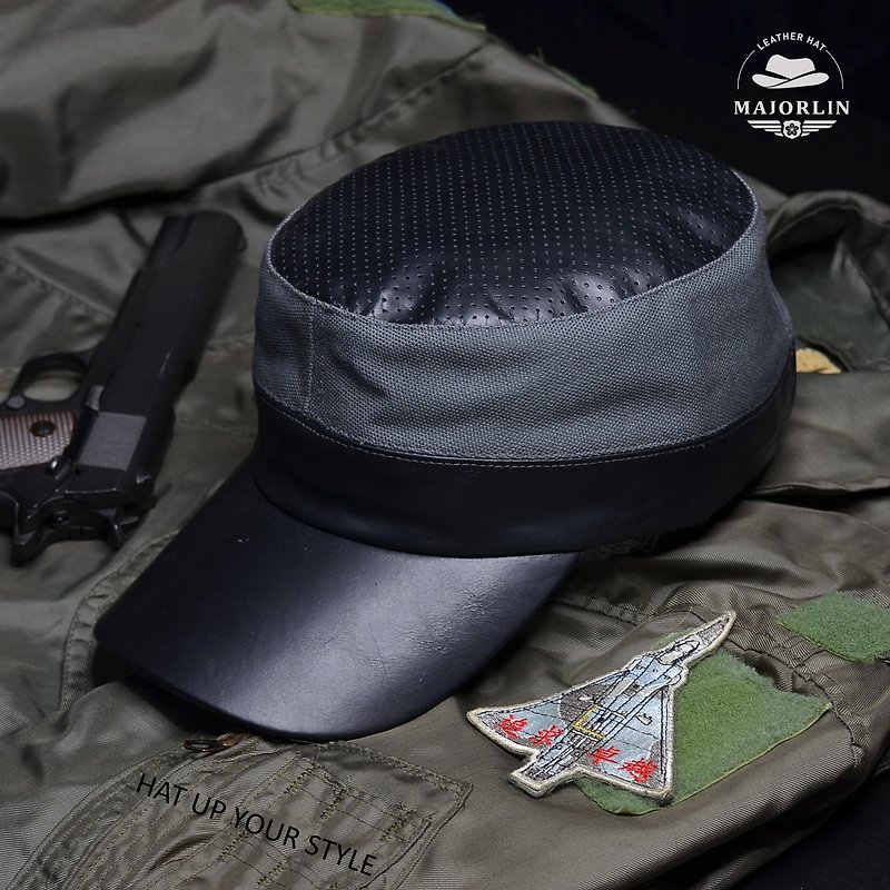 MAJORLIN 偵察兵軍帽 真皮與帆布 透氣舒適 時尚新選擇 質感耐用 - 帽子 - 真皮 黑色