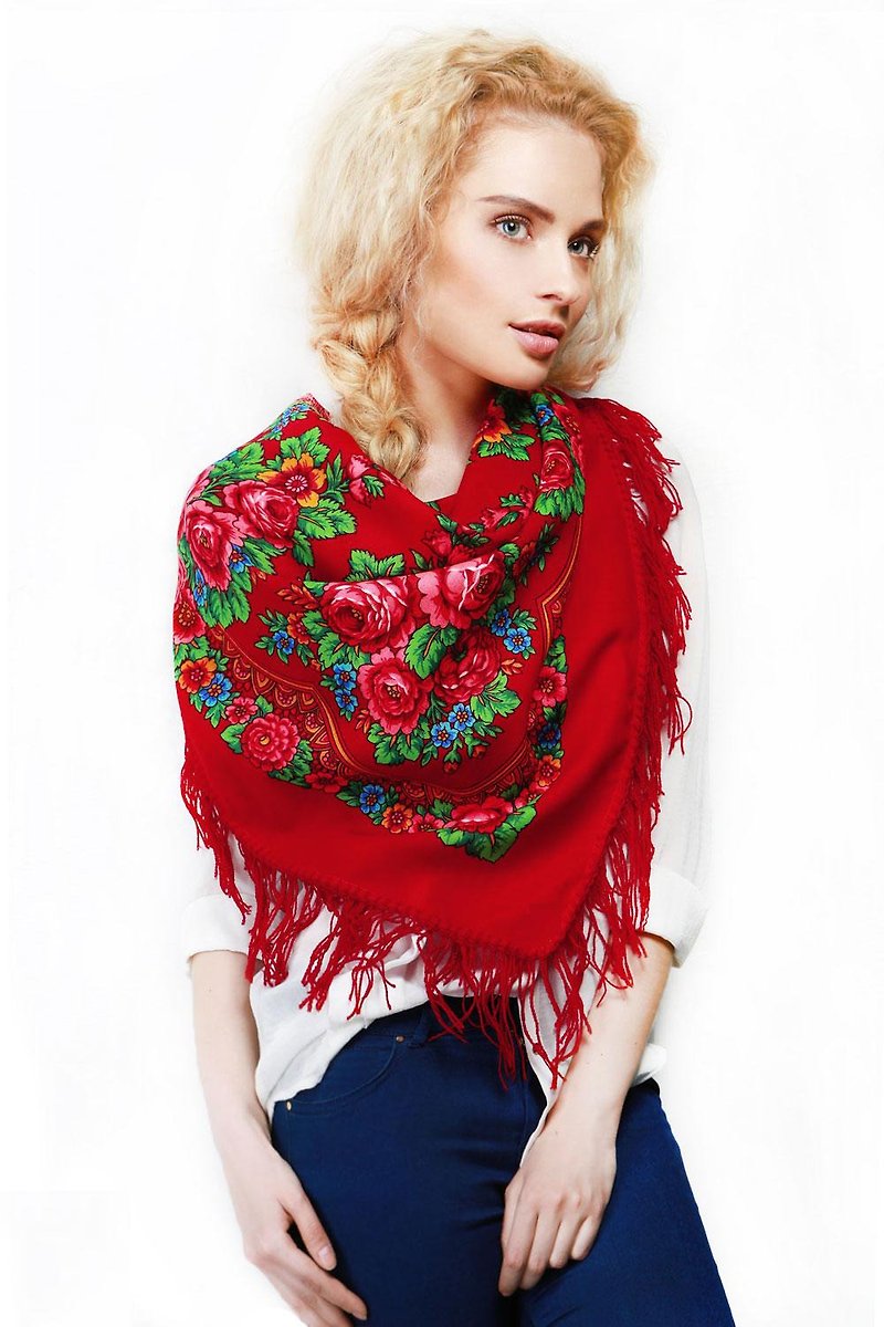 Authentic Pavlovo Posad Russian Shawl Scarf Soft 100% Wool 89x89 cm 190-5 Red - 絲巾 - 羊毛 紅色