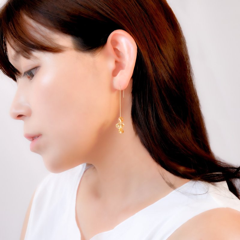 14kgf Citrine Square Line Pierced Earrings Gift Box - 耳環/耳夾/耳骨夾 - 半寶石 黃色