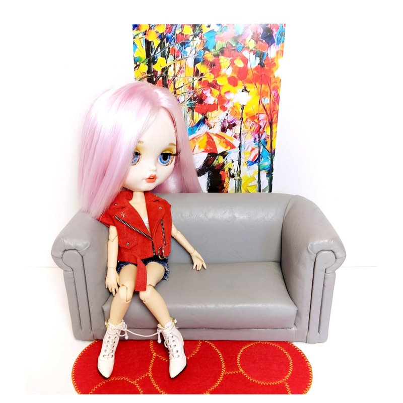 Blythe 或娃娃 1/6 尺寸的手工沙發 - 公仔/玩偶 - 人造皮革 灰色