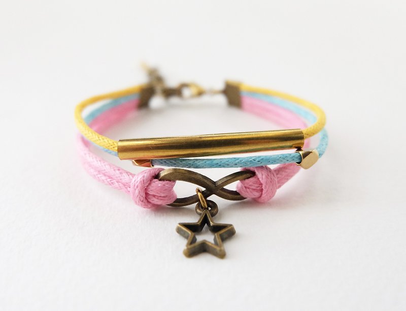Pink yellow blue triple layers cord brass infinity bracelet and star charm - 手鍊/手環 - 其他材質 多色