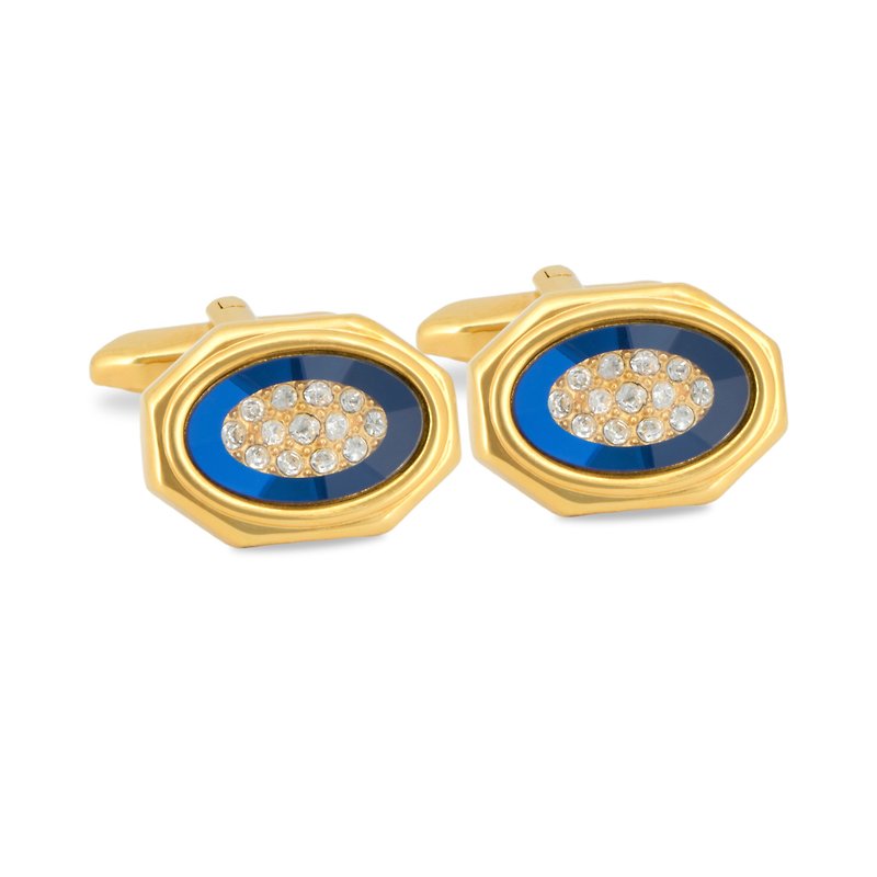 Gold Octagon Blue Bezel with Crystals Cufflinks - กระดุมข้อมือ - โลหะ สีทอง