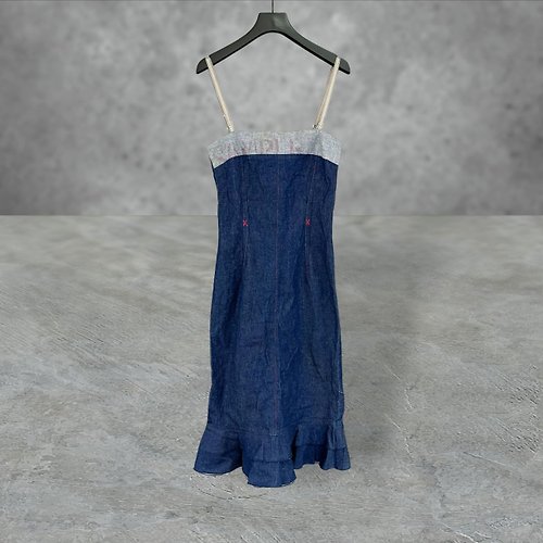 蘿綺莉蕾芭索 COP COPINE 藍色 牛仔 略彈性 拼接 印花 合身 洋裝 PF508