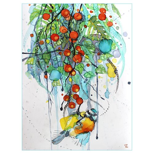 ArtVladlena 繪畫青鳥的 樹枝花紋30*40公分