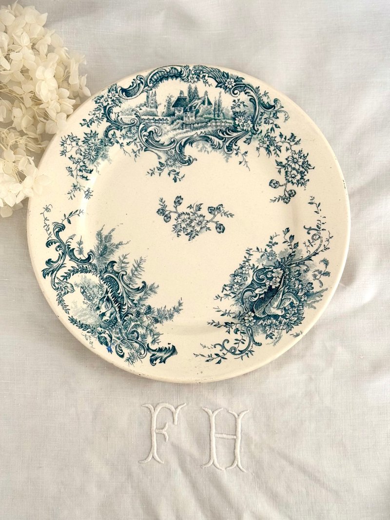 40648-Elegant French Antique GRIGNY pattern ARBORAS Bird Flower Plate 23cm - จานและถาด - เครื่องลายคราม 