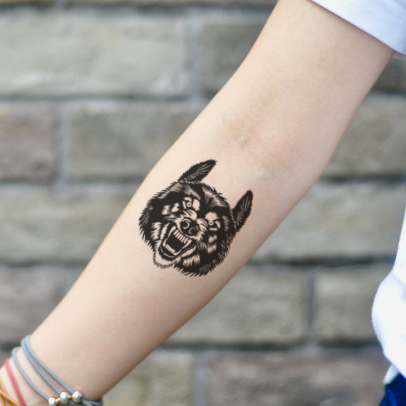 Angry Wolf Temporary Tattoo Sticker (Set of 2) - OhMyTat - สติ๊กเกอร์แทททู - กระดาษ สีดำ