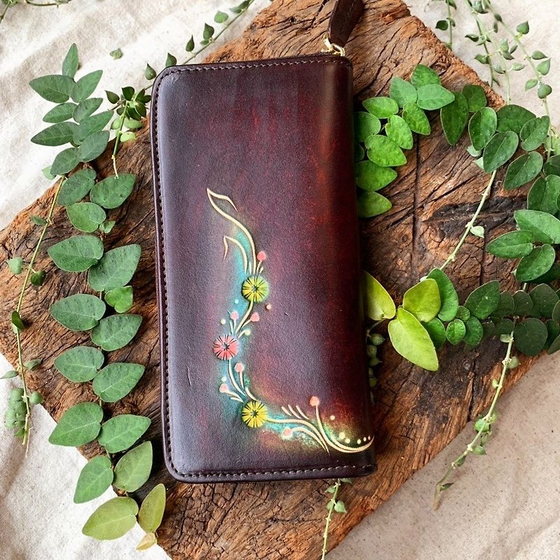 [Customized Gift] Leather Zipper Long Clip - Neon Blooming Hand-dyed Father's Day Gift Box - Wallets - Genuine Leather Brown