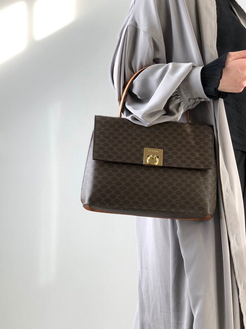【 日本直送　名牌中古包 】CELINE セリーヌ マカダム ハンドバッグ ブラウン ガンチーニ  vintage ヴィンテージ オールド 2js7t4 - 手提包/手提袋 - 真皮 咖啡色