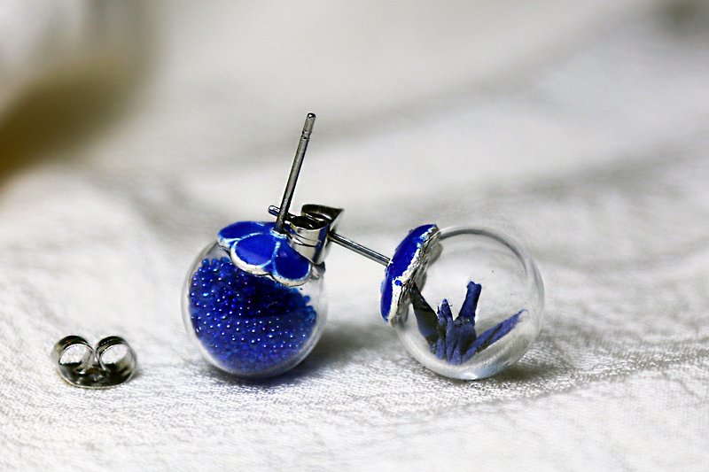 迷你紙鶴玻璃球耳環（白梅青鸞）- 情人節禮物 - 耳環/耳夾 - 紙 藍色