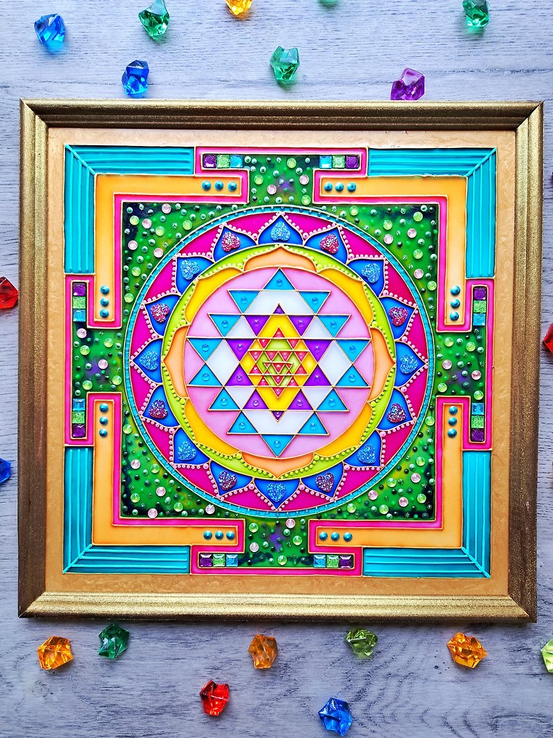 Stained glass paint Sri Yantra Mandala art Meditation Yoga Spirituality Vastu - Wall Décor - Glass Multicolor