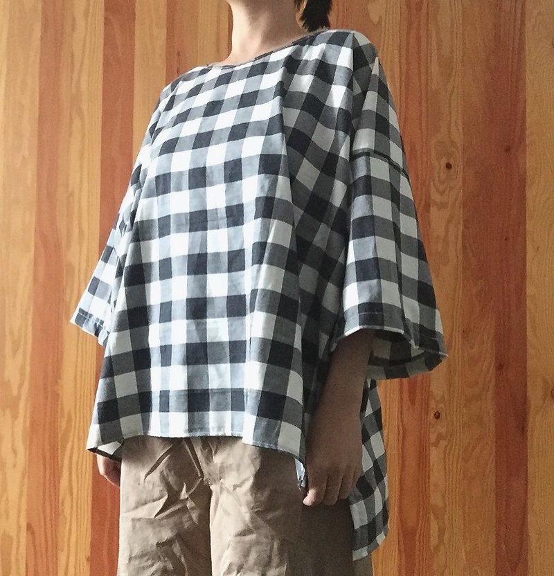 The last one! The Shaped suit improved kimono large plaid slit shirt - จัมพ์สูท - ผ้าฝ้าย/ผ้าลินิน สีใส