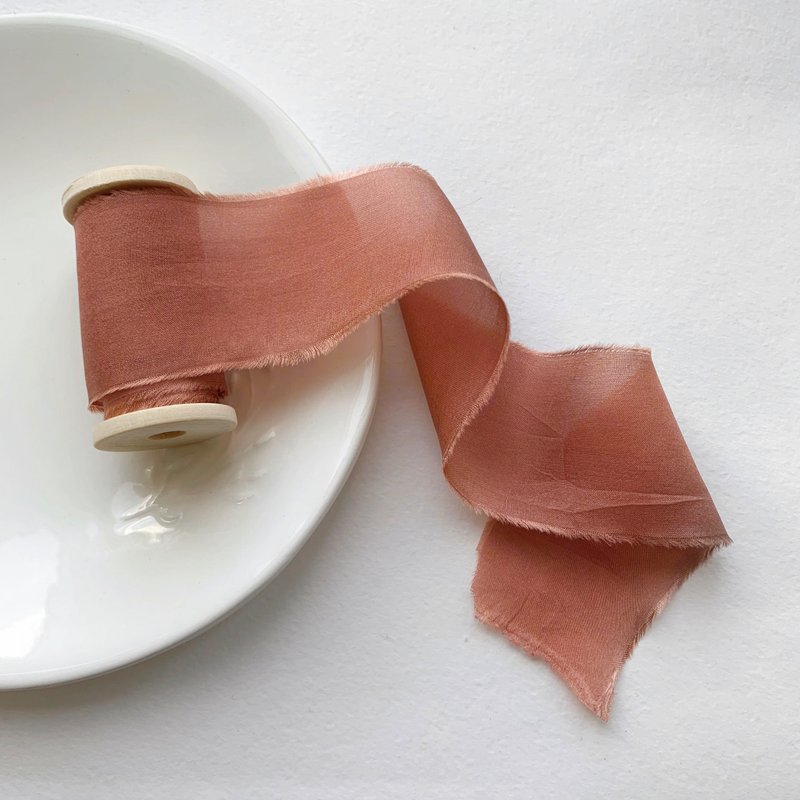 Copper Silk Ribbon / Hand Dyed Silk Ribbon on Wooden Spool - 包裝材料/包裝紙 - 絲．絹 橘色