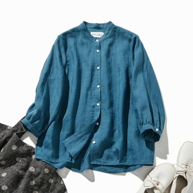 A blouse made from high-quality linen fabric with a natural texture. 3/4 sleeve blouse, peacock blue, 240503-5 - Women's Tops - Cotton & Hemp 