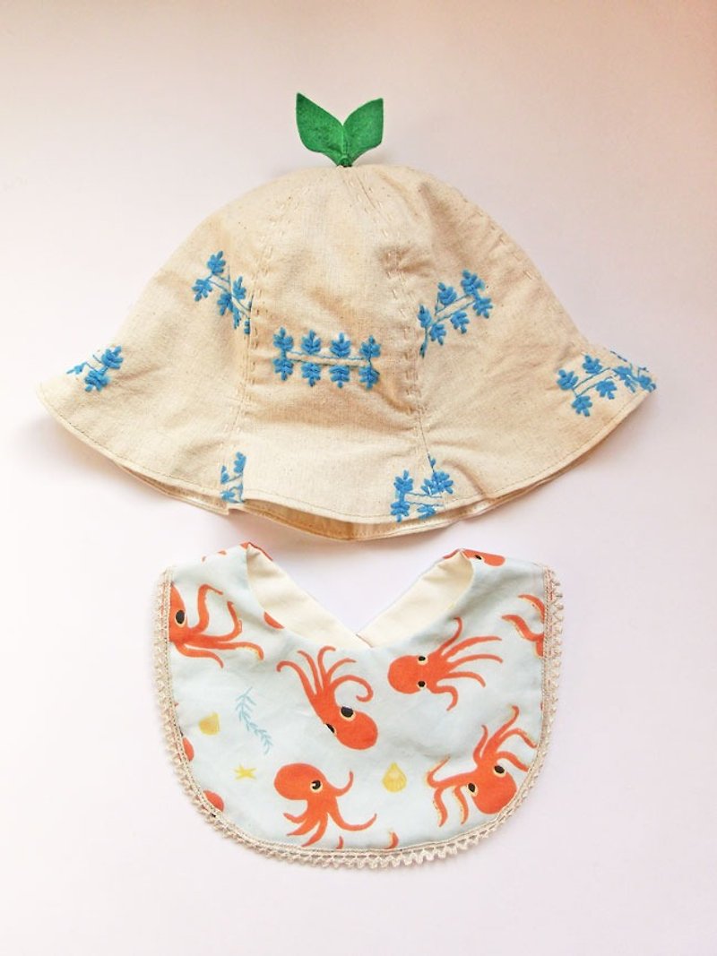 *HAPPY  BAG* -- Leaf Hat & Baby Bib -- Blue - スタイ - コットン・麻 多色