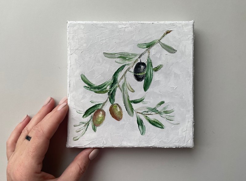 Olives painting original still life art on canvas - 壁貼/牆壁裝飾 - 棉．麻 白色