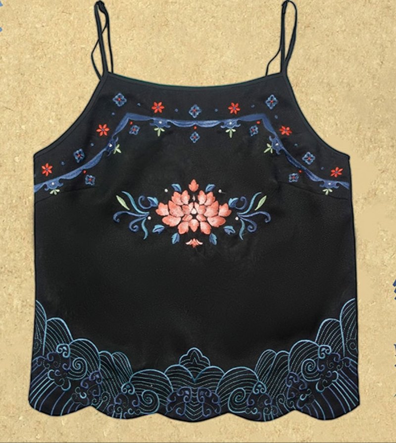 フラワーギフト 新中国風レトロ香雲紗 刺繍如意頭キャミソール - ベスト - シルク・絹 ブラック
