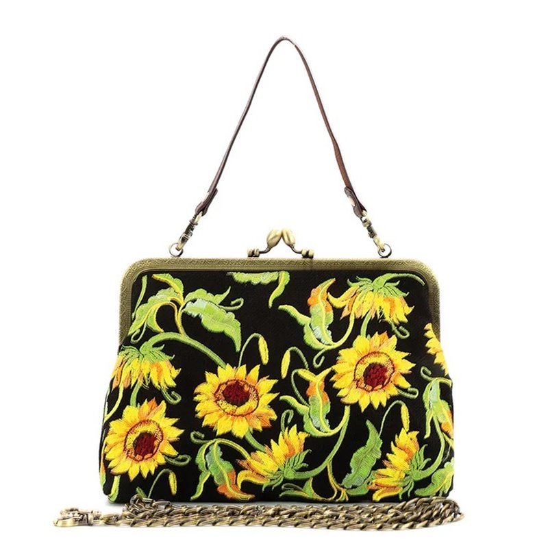 Sunflower Embroidered Kiss Lock Bag Shoulder Handbag Coolle Village - กระเป๋าแมสเซนเจอร์ - ผ้าฝ้าย/ผ้าลินิน สีดำ