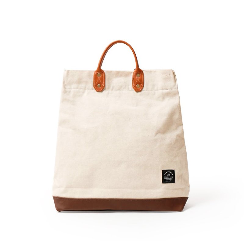 二代簡約L號真皮帆布購物袋 手提包 含背帶 米白 - 側背包/斜背包 - 棉．麻 白色