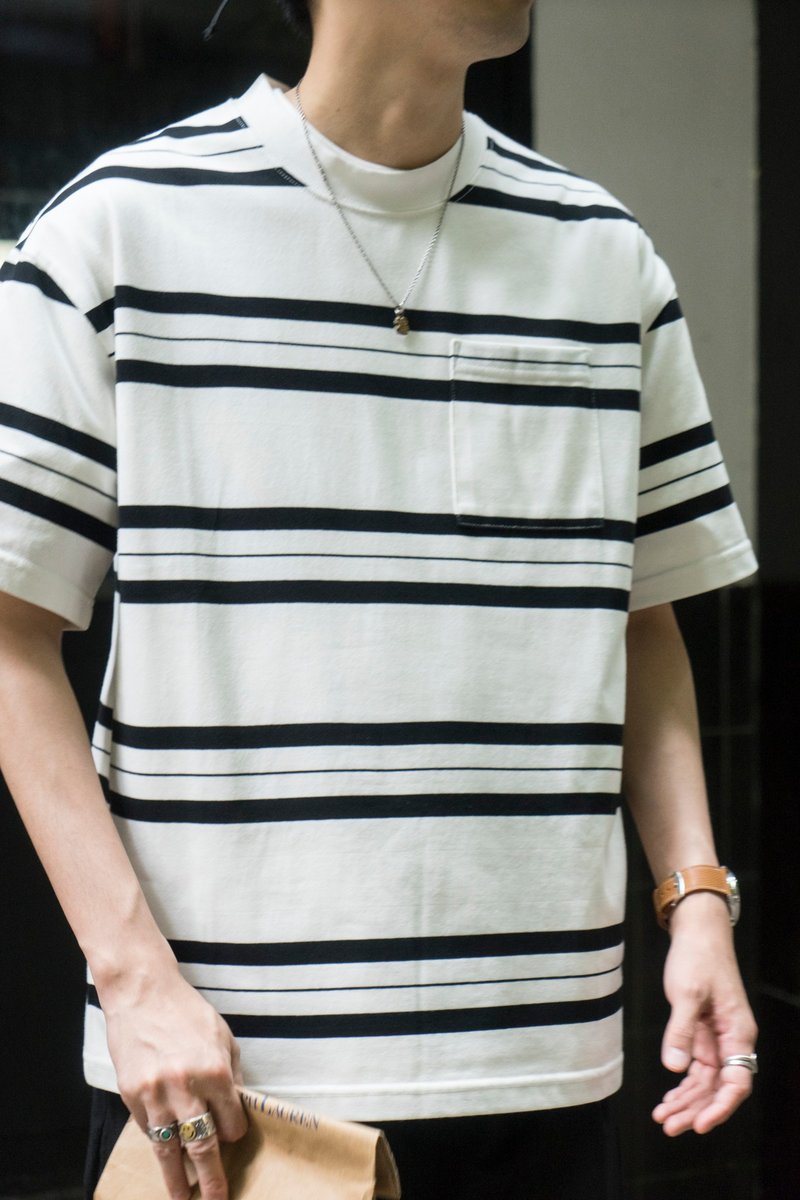 T-SHIRT heavy fabric Japanese casual loose black and white striped American retro trend round neck short-sleeved T-shirt - เสื้อยืดผู้ชาย - ผ้าฝ้าย/ผ้าลินิน สีดำ