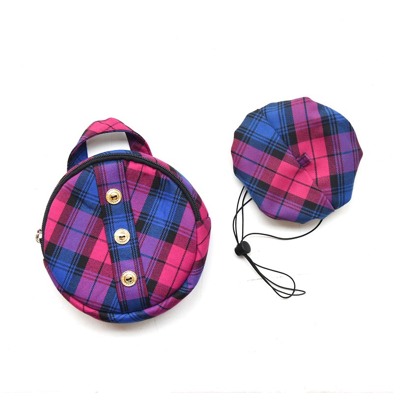 Pet Accessory for Harness -  Tartan Circle Backpack & Beret【ZAZAZOO】 - Pet Carriers - Cotton & Hemp Multicolor