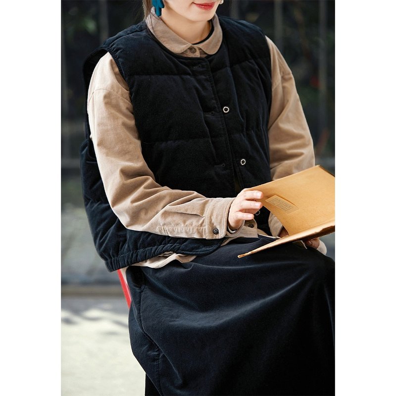 Blueberry cotton simple loose casual warm skin-friendly velvet down vest jacket - เสื้อแจ็คเก็ต - ผ้าฝ้าย/ผ้าลินิน 