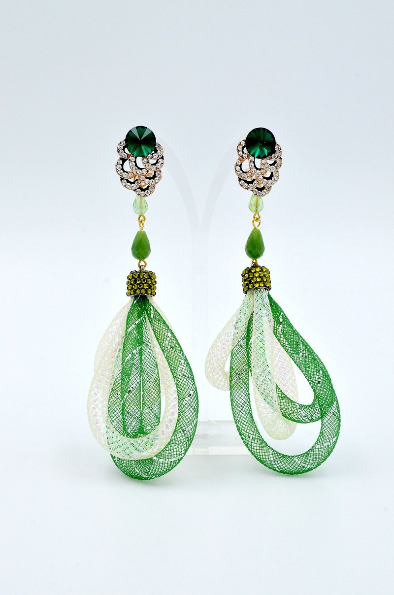 TIMBEE LO Crystal Flash Diamond Net Tube Earrings - ต่างหู - วัสดุอื่นๆ สีเขียว