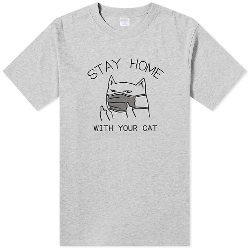 hipster STAY HOME WITH YOUR CAT 中性短袖T恤 灰色 跟你的貓咪待在家裡