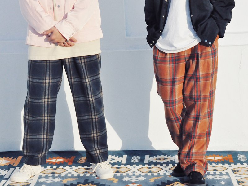 格紋毛料西裝褲-大地 WOOLEN TAILORED TROUSERS IN EARTH CHECK - 女長褲 - 聚酯纖維 