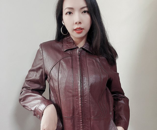 Wine red classic lapel zipper leather jacket antique sheep leather