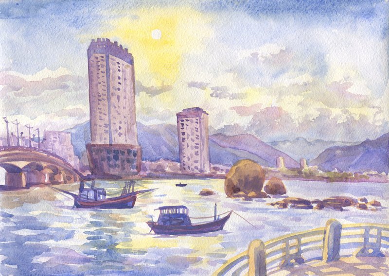 Custom Landscape WATERCOLOR PAINTING by photo ORIGINAL seascape cityscape view - 似顏繪/客製畫 - 紙 